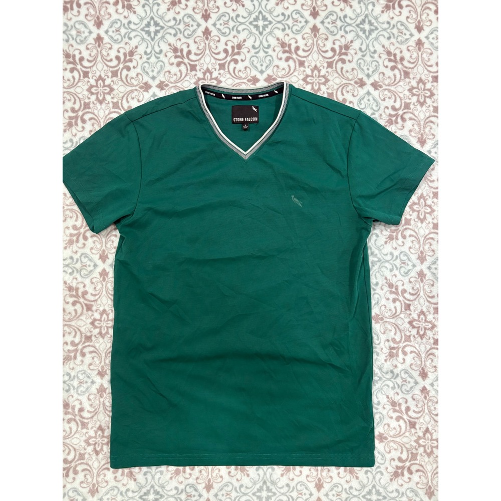 Stone Falcon Mens V-Neck Short Sleeve Shirt Green Tonal Logo Size Small